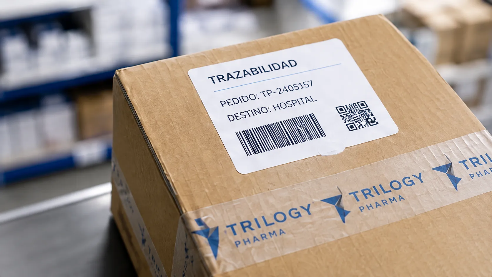 Caja de pedido con etiqueta de trazabilidad, folio y código QR