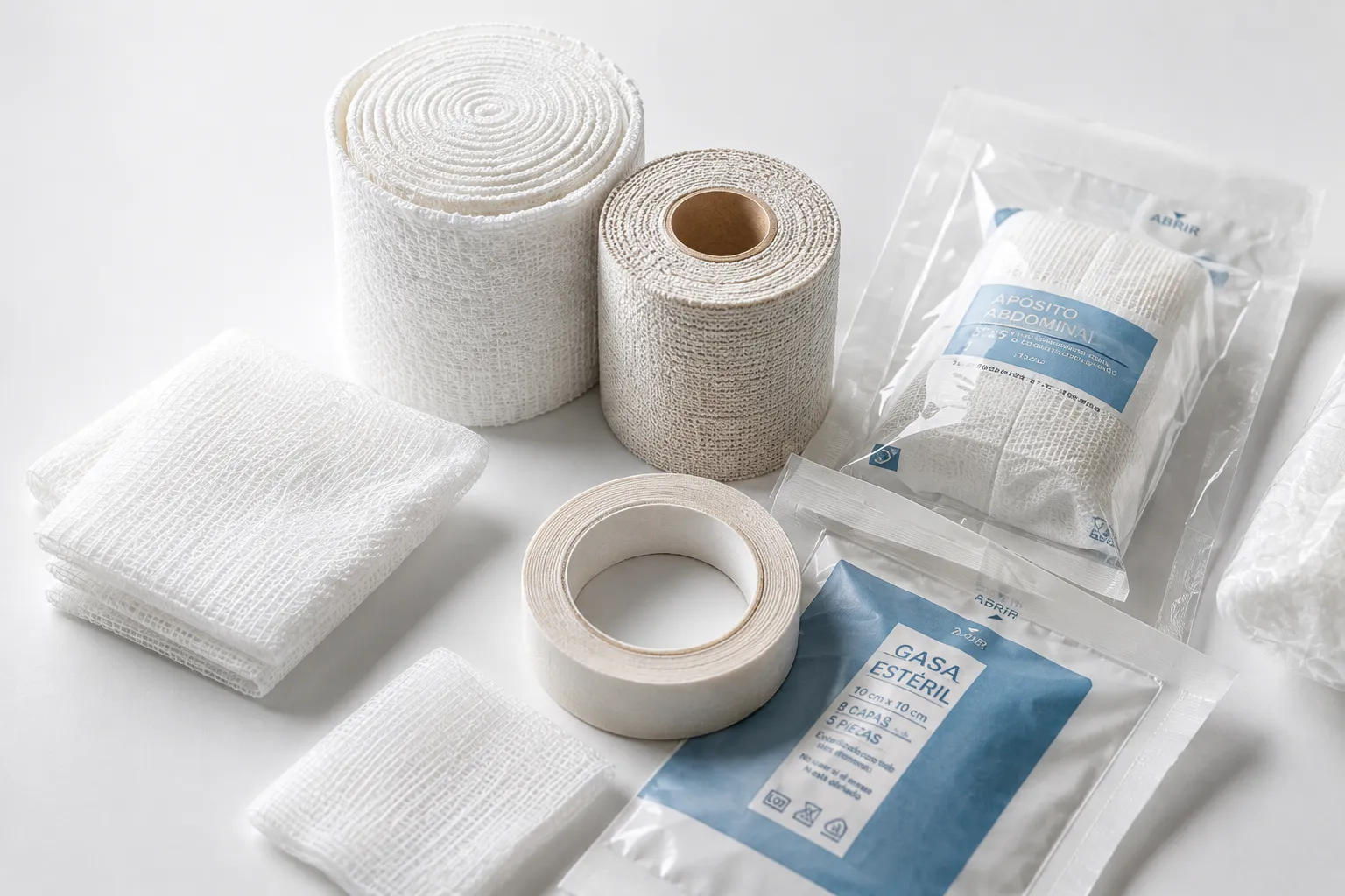 Rollos de venda, gasa estéril y cinta médica, material de curación en empaque cerrado.