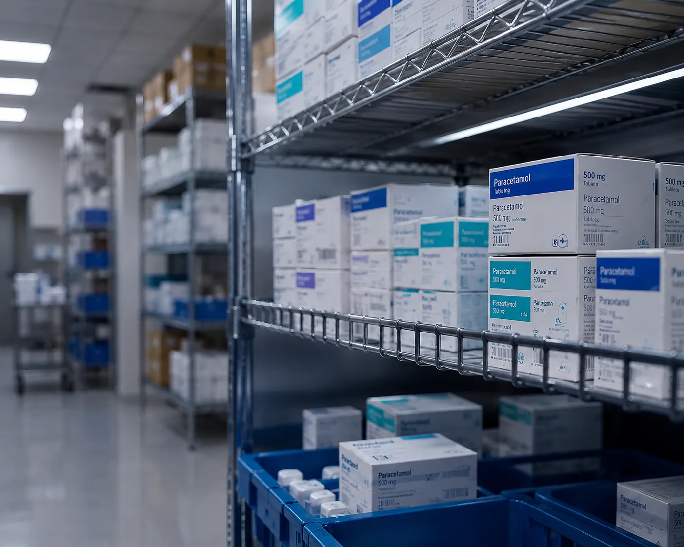 Anaquel de almacén con cajas de medicamento hospitalario ordenadas por lote.